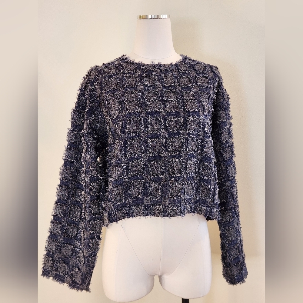 New! || FRNCH || Anatolia crop top, textured, navy & white, long sleeves, sz S